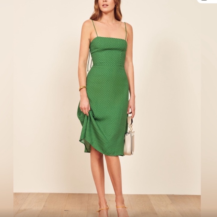Reformation “Peaches” Veritas Green Midi Dress Polka Dots